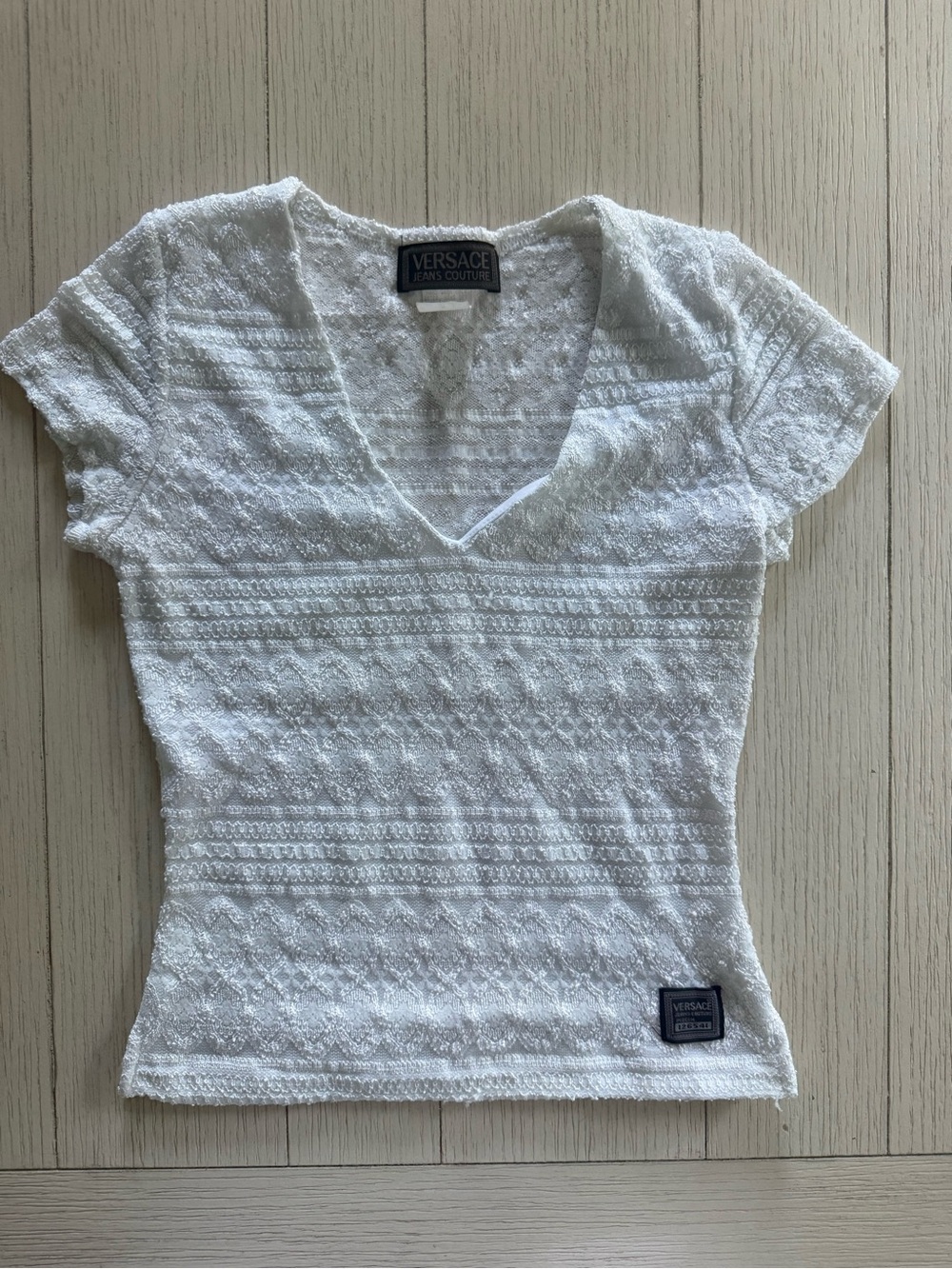 Vintage Versace Jeans Couture White Textured Knit V-Neck Top | Made in USA | Y2K